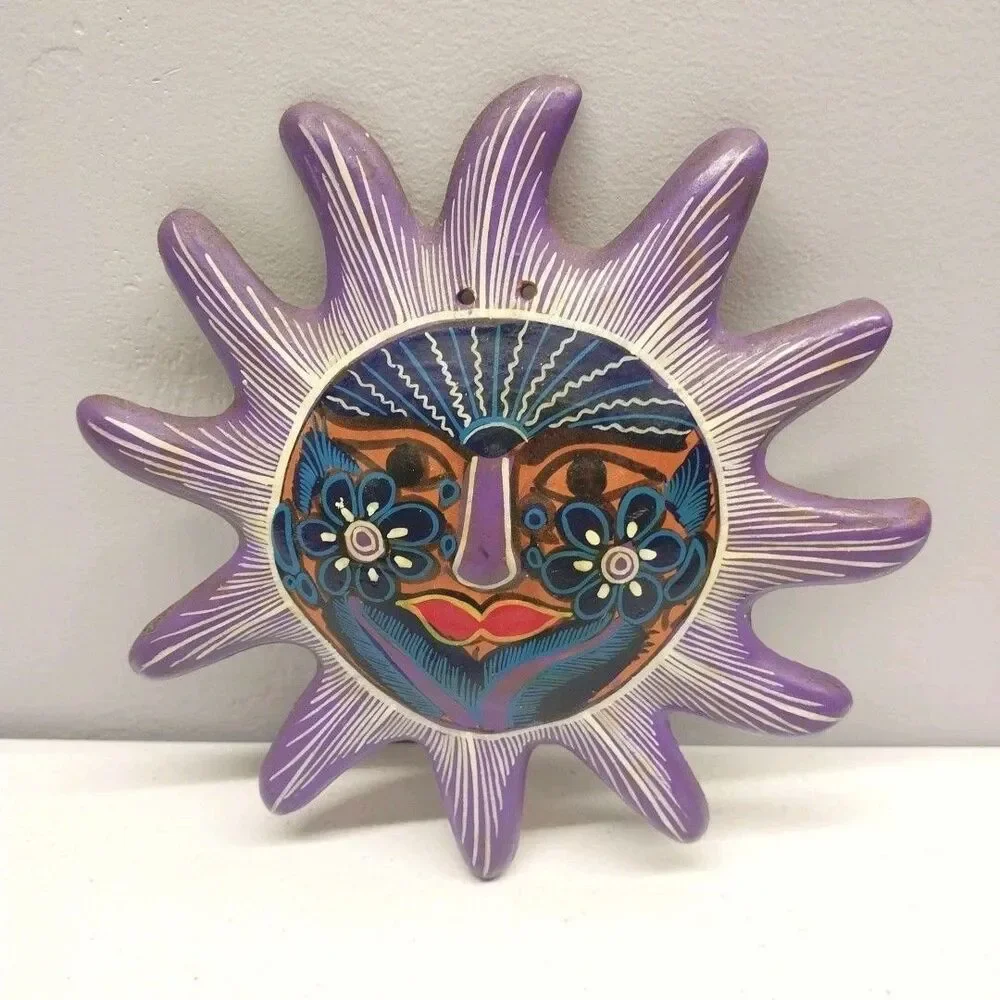 Hand Painted Mexican Sun Face Wall Hanging Talavera Style Folk Art Pottery 6.25